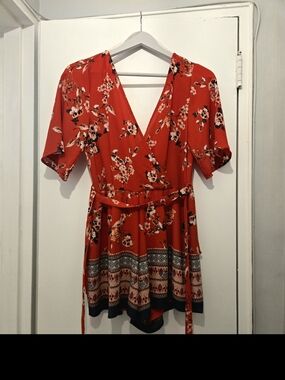 Trixxi Red Floral Wrap Mini Dress with Border Print